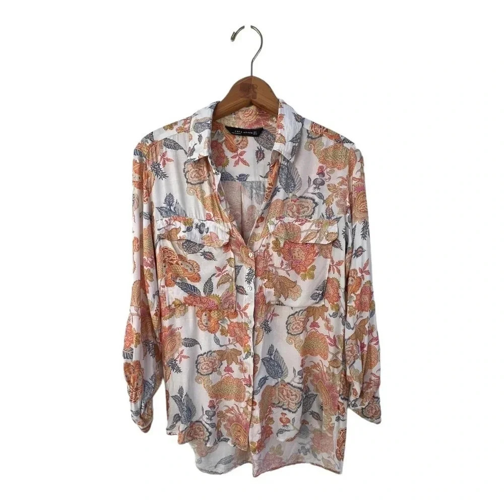 Zara Womans Size Small Cream And Peach‎ Floral Oversized Collared Blouse​​